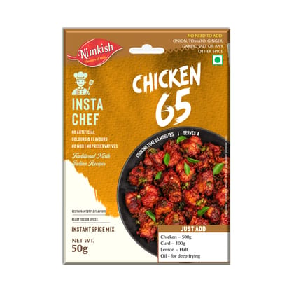Nimkish Chicken 65 Spice Mix | Ready-to-Cook Restaurant Style Chicken 65 Masala | No MSG, No Artificial Colours & Flavours, No Preservatives | 50g Nimkish Chicken 65 Spice Mix | Ready-to-Cook Restaurant Style Chicken 65 Masala | No MSG, No Artificial Colours & Flavours, No Preservatives | 50g