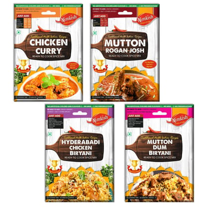 Nimkish Biryani & Curry Spice Mix Combo Pack of 4 | Ready-to-Cook Instant Masala Premix for Rice & Gravy Dishes | Authentic Indian Flavors