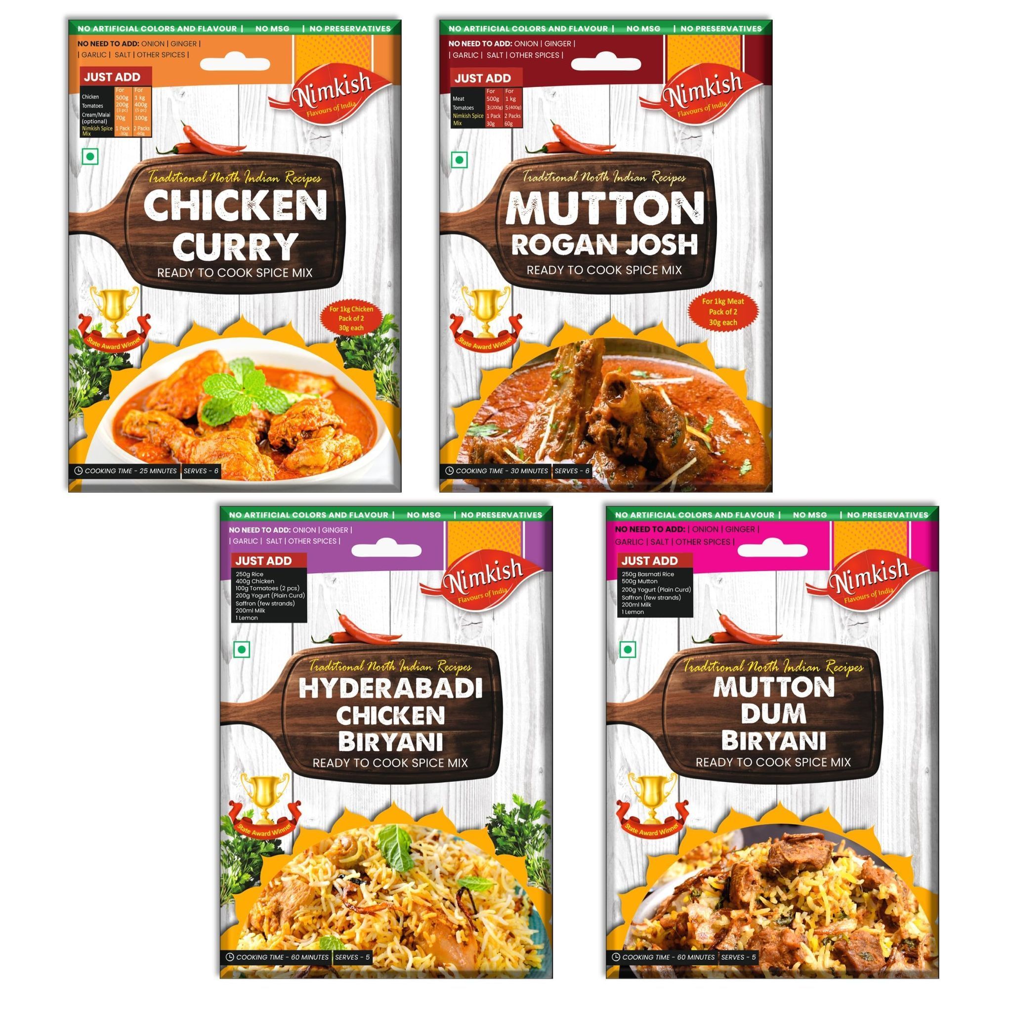 Nimkish Biryani & Curry Spice Mix Combo Pack of 4 | Ready-to-Cook Instant Masala Premix for Rice & Gravy Dishes | Authentic Indian Flavors